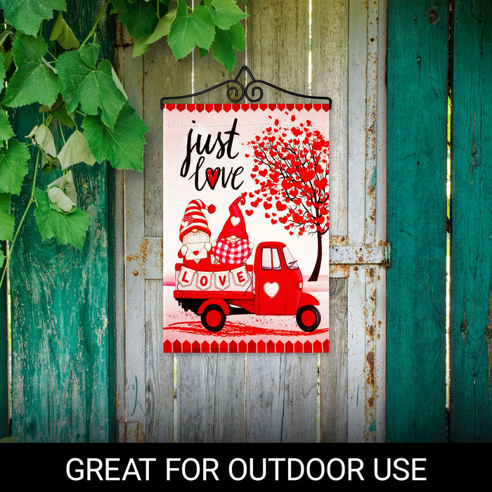 G128 Combo Pack Garden Flag Hanger 14IN & Garden Flag Valentine's Day Just Love Gnome Truck Printed 12x18IN Double Sided Yard Garden Lawn Decoration