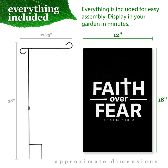 G128 Combo Pack Garden Flag Stand Black 36x16IN & Garden Flag Faith Over Fear Scripture Printed 12x18IN Double Sided Yard Garden Lawn Decoration