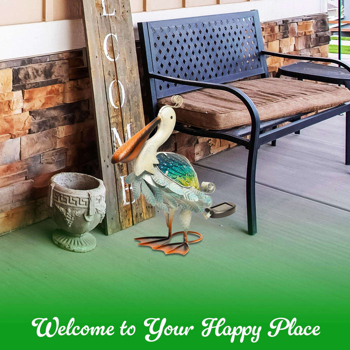 G128 Solar Metal Pelican Garden Statue | 17 Inch Coastal Ocean Bird Yard Art with Colorful Wings and Solar-Powered Light for Lawn, Patio, and Backyard