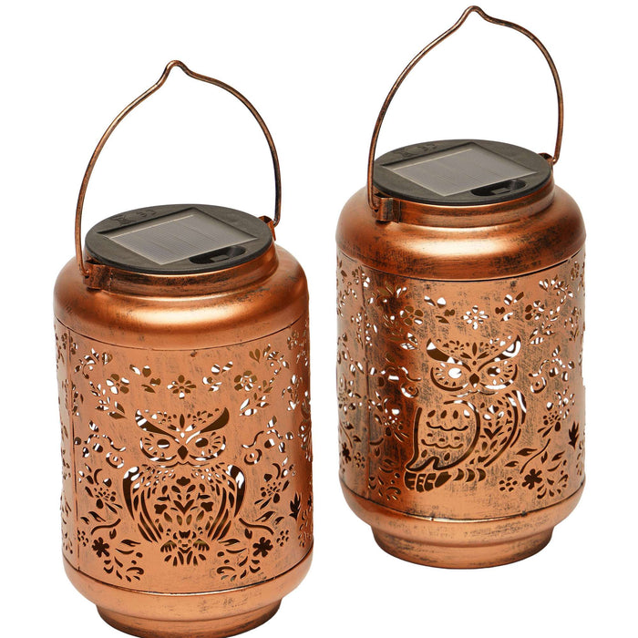 G128 2 Pack: Solar Owl Outdoor Lantern | Metal Waterproof Outdoor Hanging Lantern with LED Lights for Garden, Patio, Porch, Lawn
