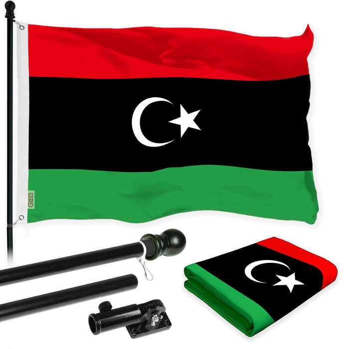 G128 Combo Pack: 6 Ft Twist Free Aluminum Spinning Flagpole (Black) & Libya Flag | 3x5 Ft | LiteWeave Pro Series Printed 150D Polyester | Pole with Flag Included