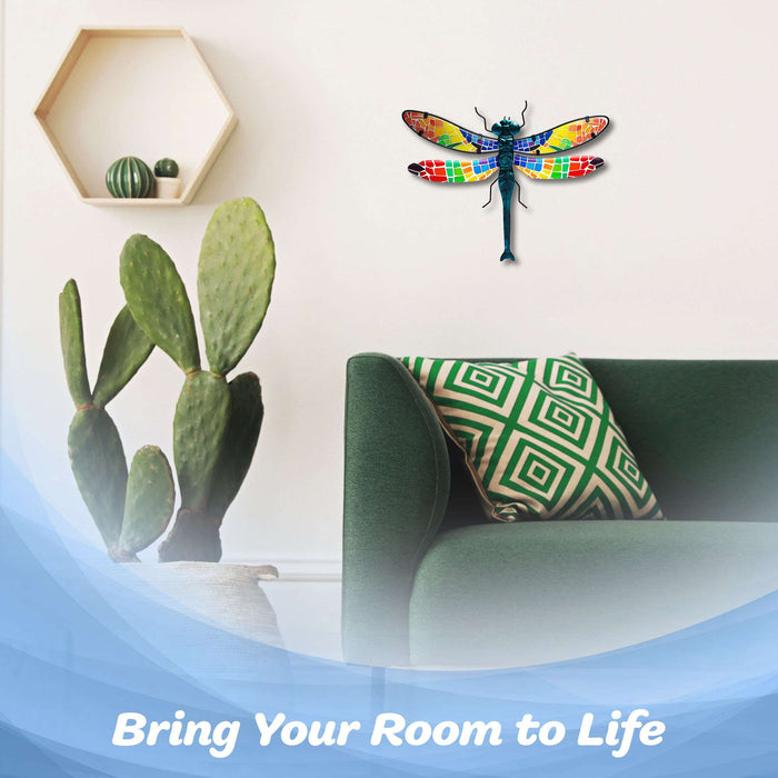 G128 dragonfly stained glass metal wall art with mosaic glass wings, 15 inch nominal size