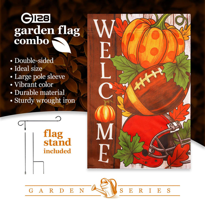 G128 36x16IN Garden Flag Stand & 12x18 Welcome Fall Football Flag Kit