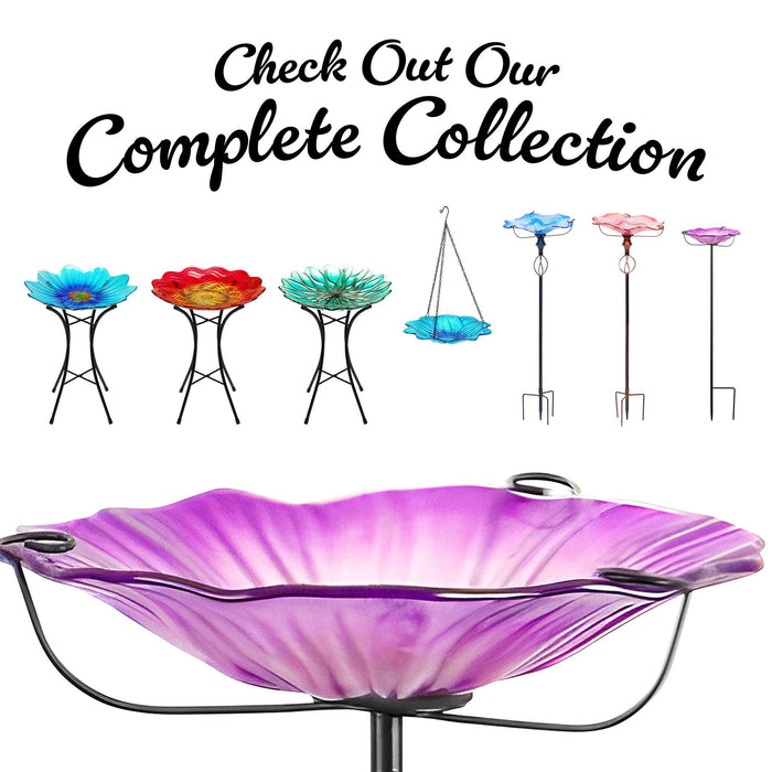 G128 29 Inch Height Glass Bird Baths with Metal Stake | Decorative Purple Flower Design Outdoor Garden Bird Feeder