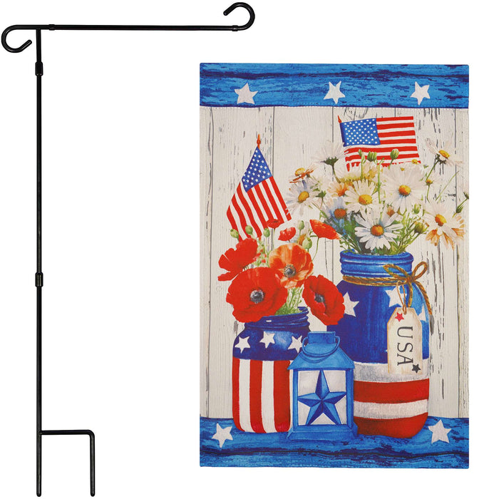 G128 Combo Pack Garden Flag Stand Black 36x16IN & Garden Flag Rustic Mason Jar Patriotic Flowers Printed 12x18IN Double Sided Yard Garden Lawn Decoration