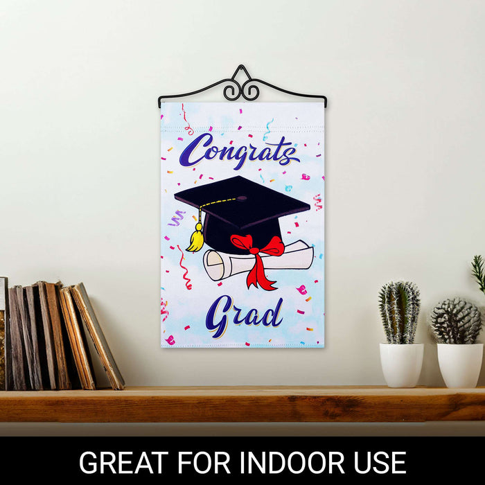 G128 Combo Pack Garden Flag Hanger 14IN & Garden Flag Happy Graduation Congrats Cap Printed 12x18IN Double Sided