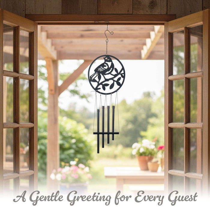 G128 black cardinal metal wind chime, about 25.5 inches hanging length