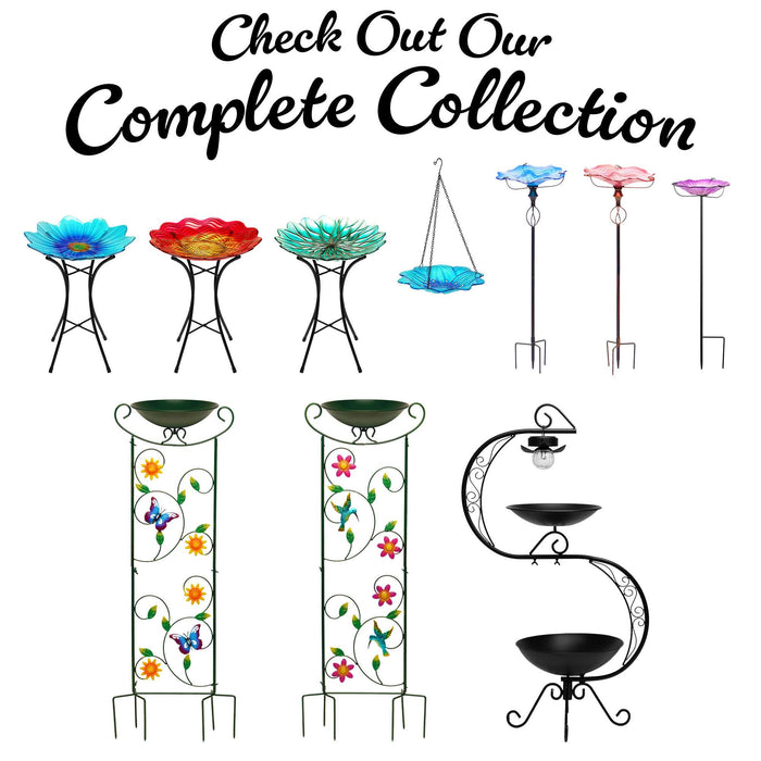 G128 35 Inch Antique Garden Iron Bird Bath with Trellis, Decorative Butterfly, Detachable Bowl, Metal Potted Plant Support, Elegant Outdoor Garden Bird Feeder