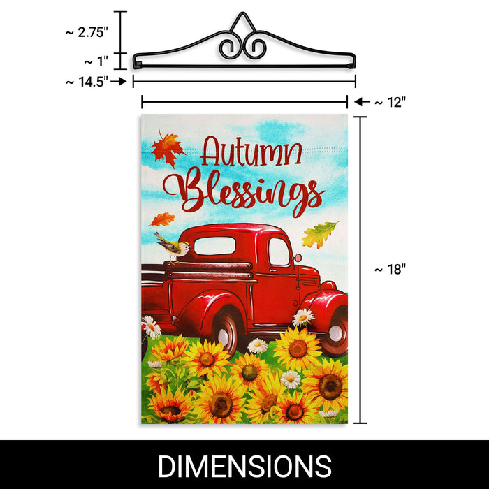 G128 12x18IN Autumn Blessings Red Truck Sunflower Garden Flag with 14IN Hanger