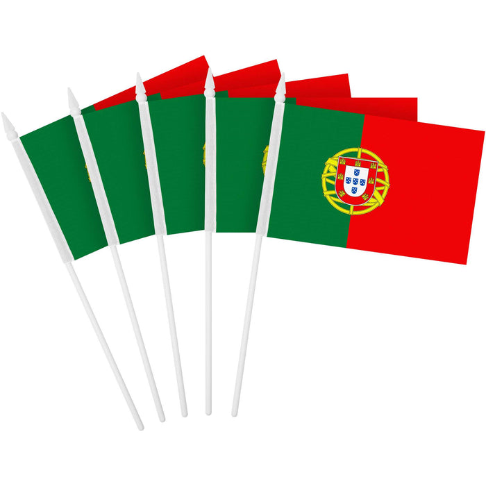 G128 10 Pack Handheld Portugal Portuguese Stick Flags | 4x6 In | Printed 150D Polyester, Country Flag, Solid Plastic Stick, Spear White Tip