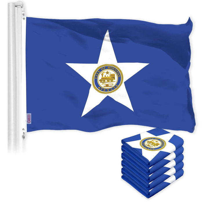 G128 5 Pack: Houston Flag | 3x5 Ft | LiteWeave Pro Series Printed 150D Polyester | City Flag, Indoor/Outdoor, Vibrant Colors, Brass Grommets