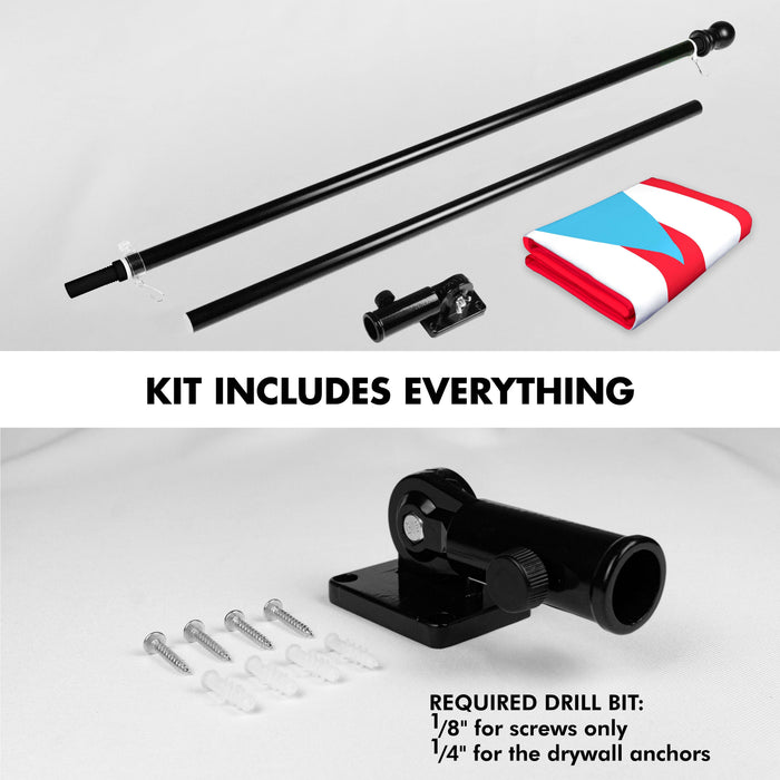 G128 Combo Pack: 5 Ft Twist Free Aluminum Spinning Flagpole (Black) & Puerto Rico Light Blue PR Flag | 2x3 Ft | LiteWeave Pro Series Printed 150D Polyester | Pole with Flag Included
