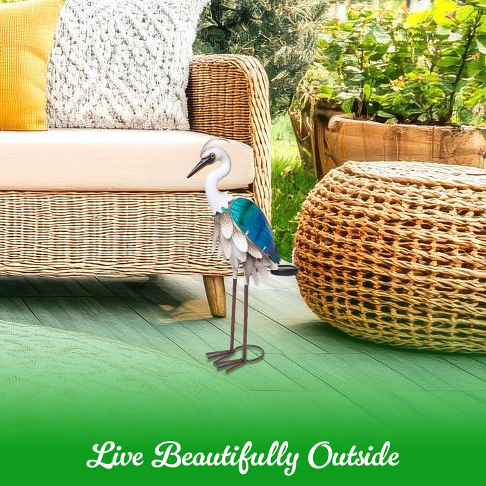 G128 Solar Metal Heron Garden Statue | 24 in Coastal Ocean Bird Outdoor Decor with LED Lights, Colorful Yard Art for Lawn Patio Backyard