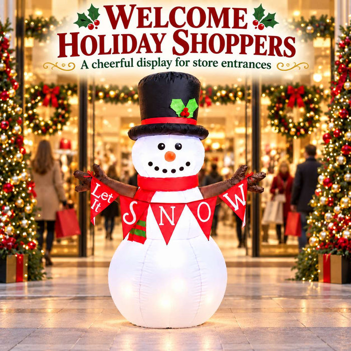 G128 5FT inflatable Christmas snowman with top hat, red scarf and Let It Snow banner lit up in a yard