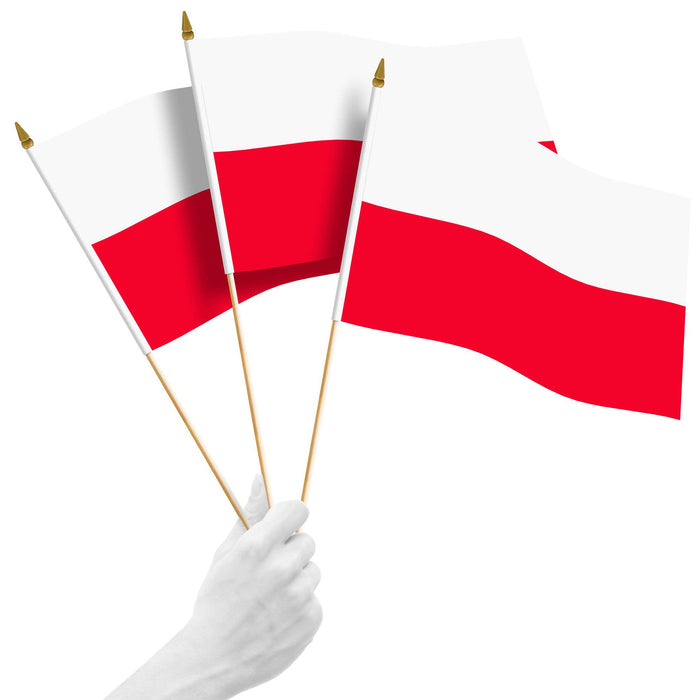 G128 10 Pack Handheld Poland Polish Stick Flags | 12x18 In | Printed 150D Polyester, Country Flag, Solid Plastic Stick, Spear White Tip