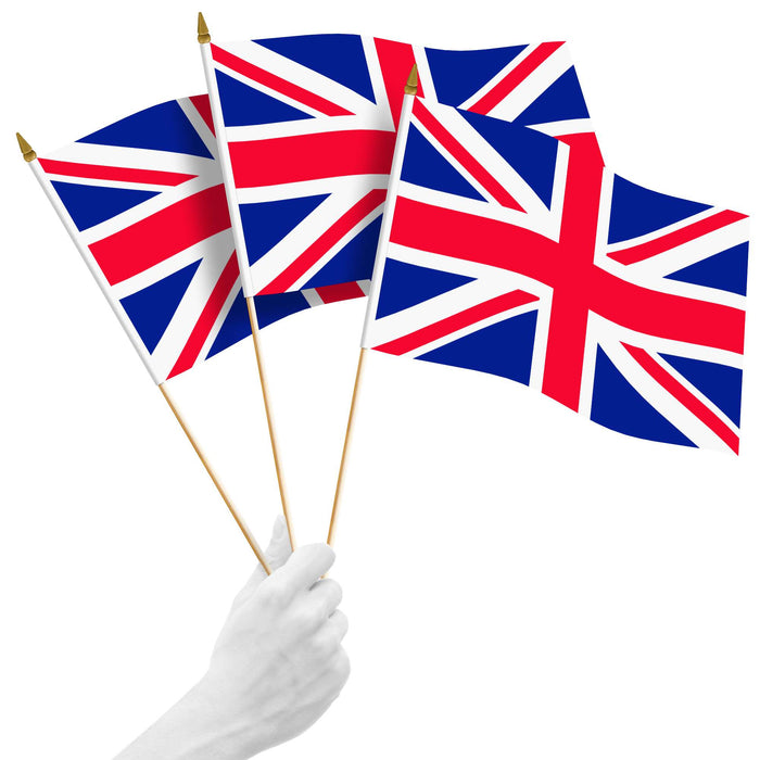 G128 10 Pack Handheld United Kingdom UK Stick Flags | 12x18 In | Printed 150D Polyester, Country Flag, Solid Plastic Stick, Spear White Tip