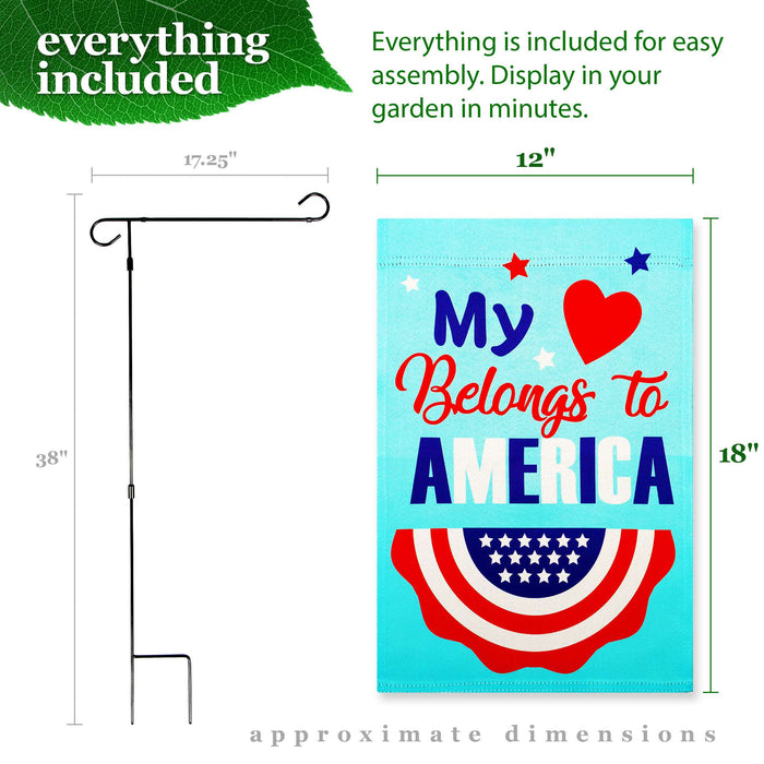 G128 Combo Pack: Garden Flag Stand 36x16IN & Garden Flag Heart America Belongs Printed 12x18IN Double Sided