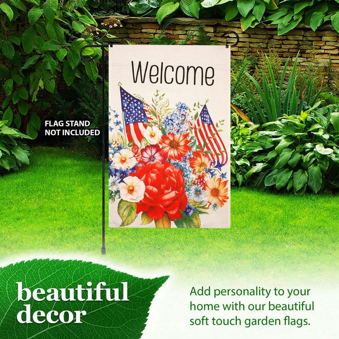 G128 Welcome American Flag Flowers Garden Flag 12x18 In Double Sided Independence Day Yard Garden Lawn Decoration