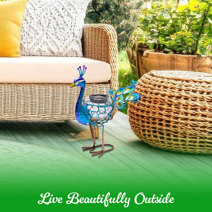G128 Solar Metal Peacock Garden Statue | 12 Inch Waterproof Peacock Yard Art with Solar-Powered Light for Lawn, Patio, and Backyard