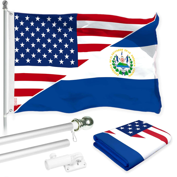 G128 Combo Pack: 6 Ft Tangle Free Aluminum Spinning Flagpole (Silver) & El Salvador USA Friendship Flag | 3x5 Ft |LiteWeave Pro Series Printed 150D Polyester | Pole with Flag Included