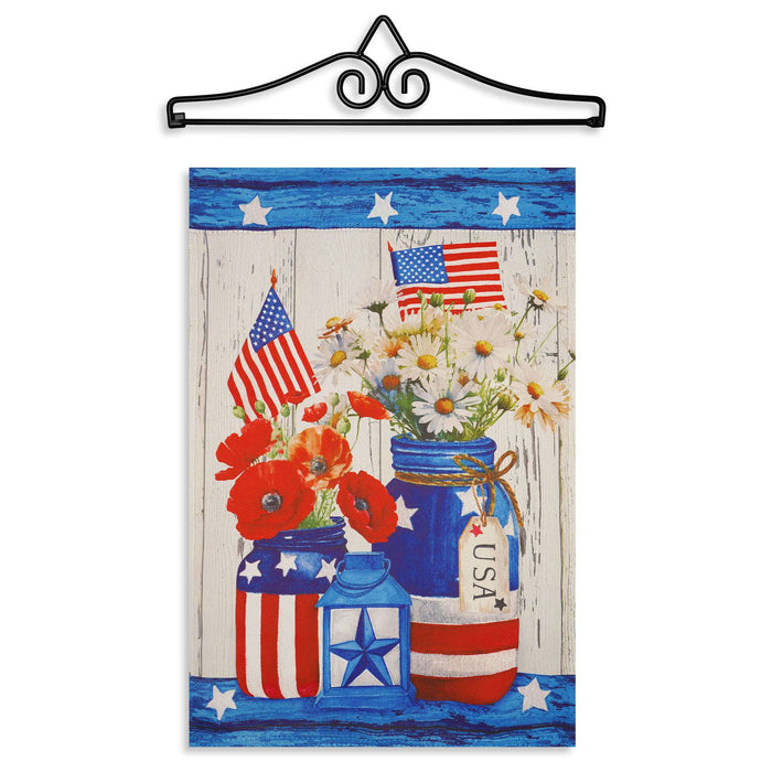 G128 Combo Pack Garden Flag Hanger 14IN & Garden Flag Rustic Mason Jar Patriotic Flowers Printed 12x18IN Double Sided Yard Garden Lawn Decoration