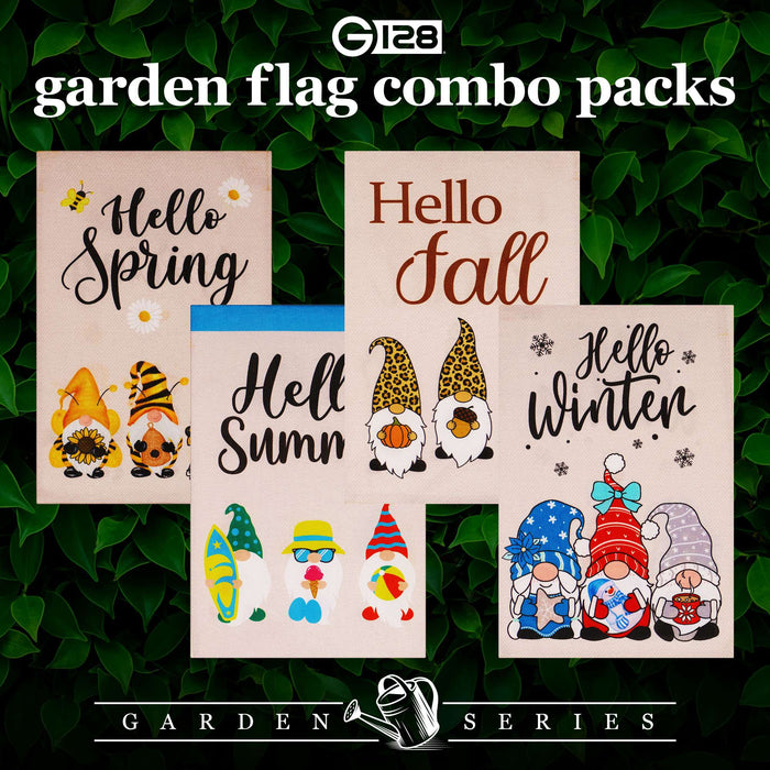 G128 Rustic Farmhouse Heritage Burlap Garden Flag Set 4 Pack - Rustic Double Sided 12x18 Inch - Seasonal Holiday Farmhouse Decor for Outdoor Yard and Garden