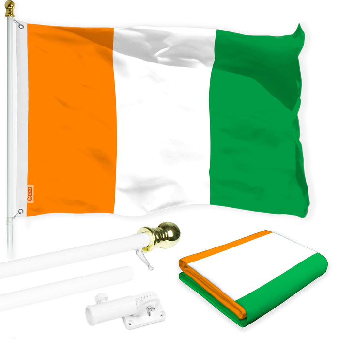 G128 Combo Pack: 6 Ft Twist Free Aluminum Spinning Flagpole (White) & Ivory Coast Flag | 3x5 Ft | LiteWeave Pro Series Printed 150D Polyester | Pole with Flag Included