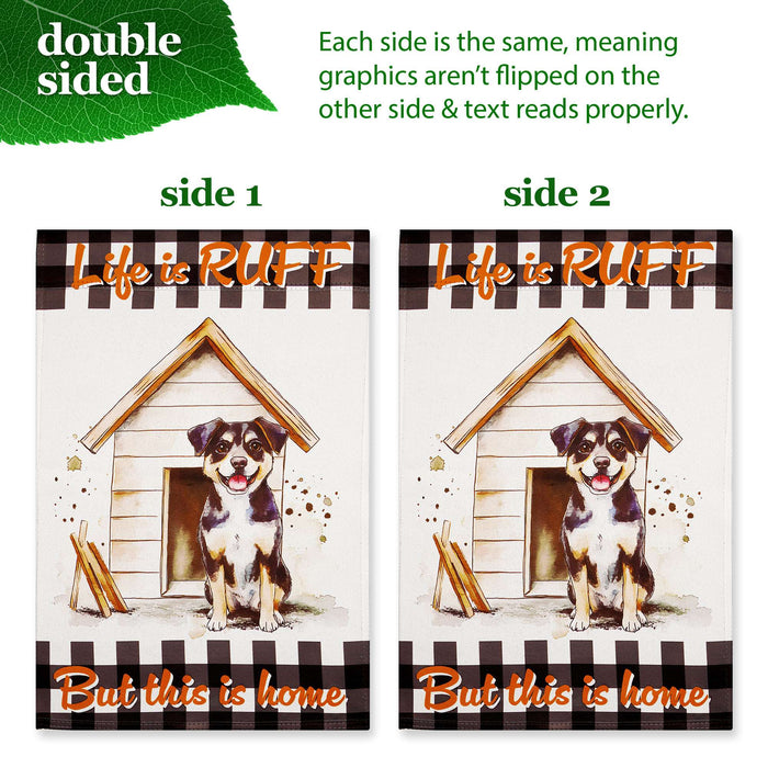 G128 Combo Pack: Garden Flag Stand Black 36x16IN & Garden Flag Life is Ruff Dog House Printed 12x18IN Double Sided Yard Lawn Decoration