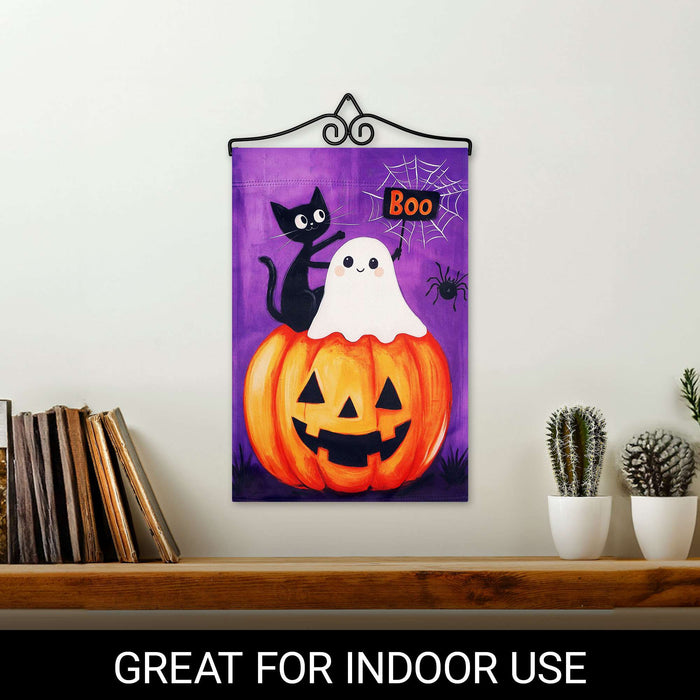 G128 12x18IN Halloween Ghost Cat Pumpkin Garden Flag with 14IN Hanger