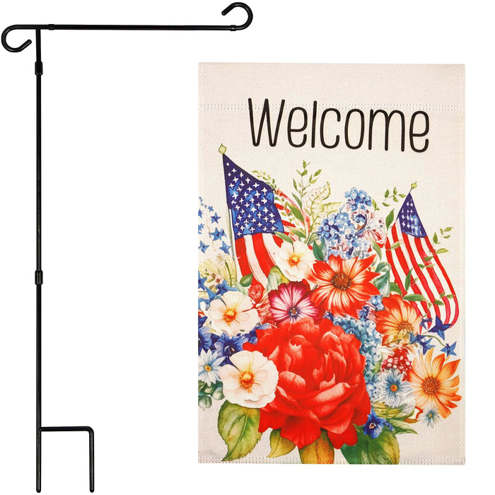 G128 Combo Pack Garden Flag Stand Black 36x16IN & Garden Flag Welcome  Flowers Printed 12x18IN Double Sided Yard Garden Lawn Decoration
