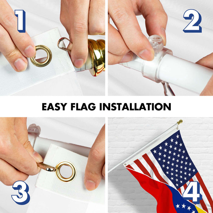 G128 Combo Pack: 6 Ft Tangle Free Aluminum Spinning Flagpole (White) & Venezuela 8 Stars USA Friendship Flag | 3x5 Ft |LiteWeave Pro Series Printed 150D Polyester | Pole with Flag Included
