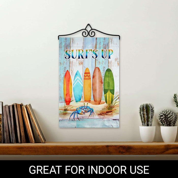 G128 12x18IN Surfs Up Surfboard Beach Garden Flag with 14IN Hanger