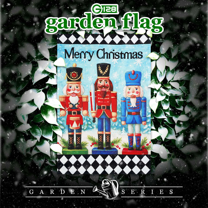 G128 Merry Christmas Three Nutcrackers Garden Flag 12x18 In Double Sided Christmas Yard Garden Lawn Decoration