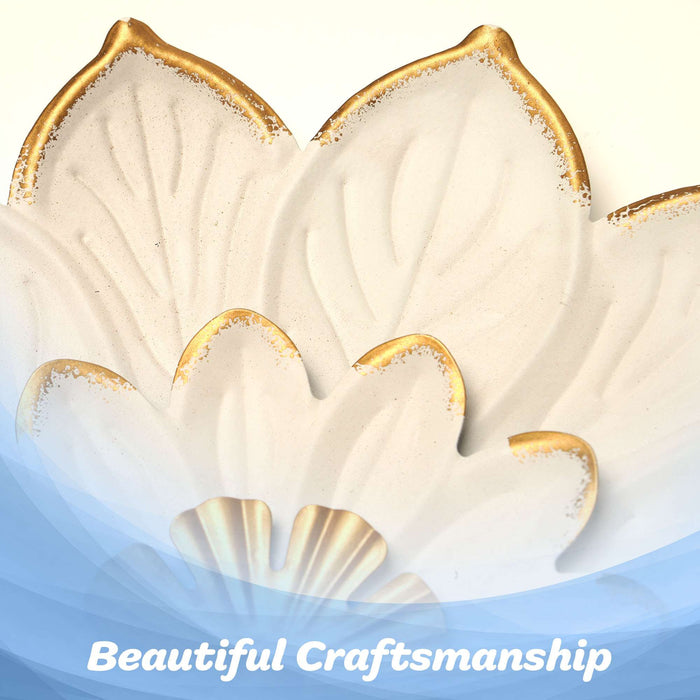 G128 9 IN White and Gold Metal Flower Wall Art | Elegant Floral Wall Hanging Decor for Indoor Living Room Bedroom Office Outdoor Garden Patio Yard