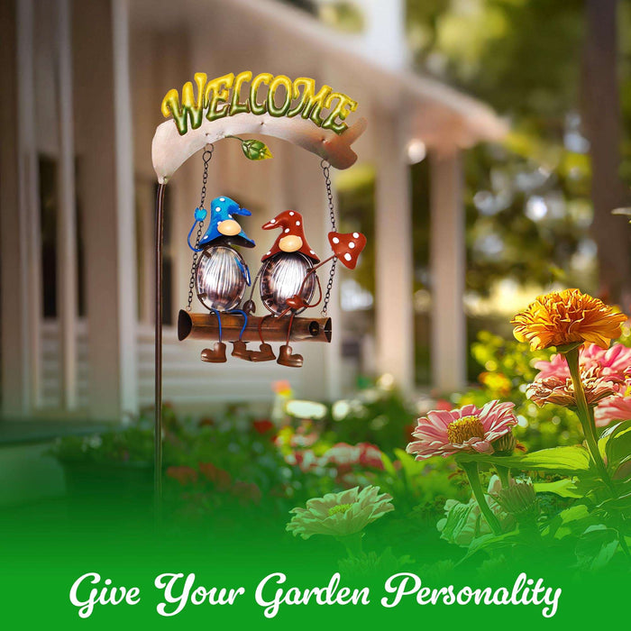 G128 Gnome Solar Lights Garden Stake Decor with Welcome Sign | Gnome Yard Garden Decor for Outside Lawn Porch Backyard Patio