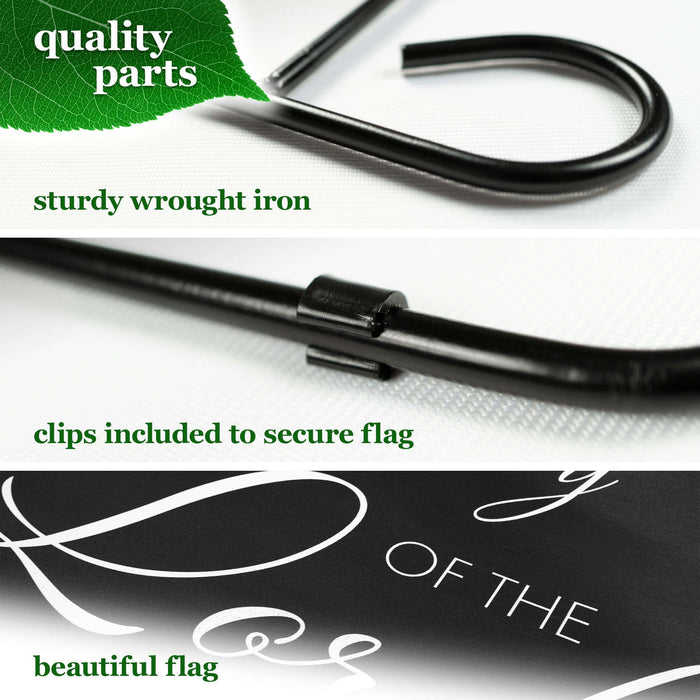 G128 Combo Pack: Garden Flag Stand Black 36x16IN & Garden Flag Joy of the Lord Scripture Printed 12x18IN Double Sided Yard Lawn Decoration