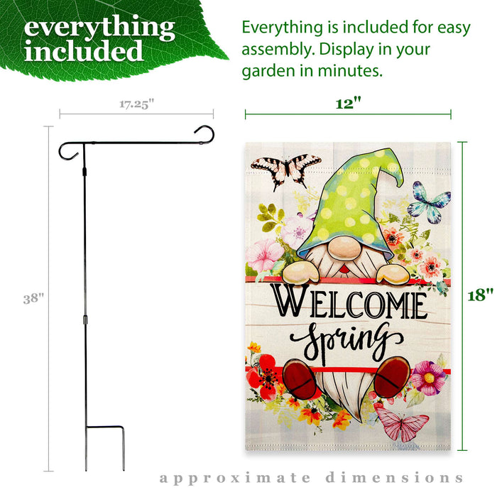 G128 Combo Pack: Garden Flag Stand 36x16IN & Garden Flag Welcome Spring Gnome Flowers Printed 12x18IN Double Sided