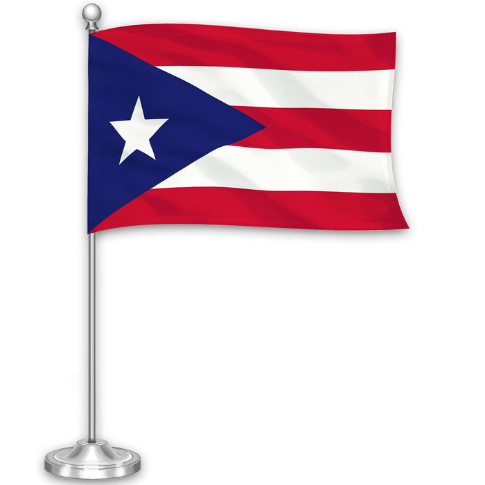 G128 Puerto Rico Puerto Rican Deluxe Desk Flag Set | 8.5x5.5 In | Printed 300D Polyester, with Silver Dome and Base, 15" Metal Pole, Decorations For Office, Home and Festival Events Celebration