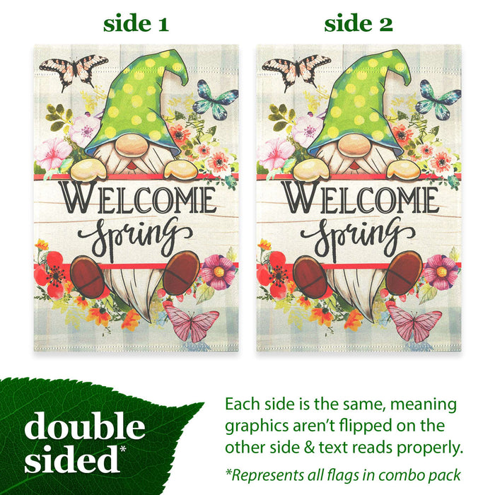 G128 Whimsical Wonders Holiday Gnome Garden Flag Set 4 Pack - Double Sided 12x18 Inch - Festive Welcome Yard Decorations for Outdoor Garden Lawn
