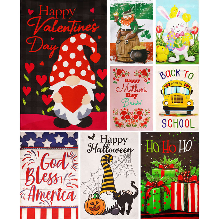 G128 set of 8 school bus and patriotic garden flags, 12x18 inch