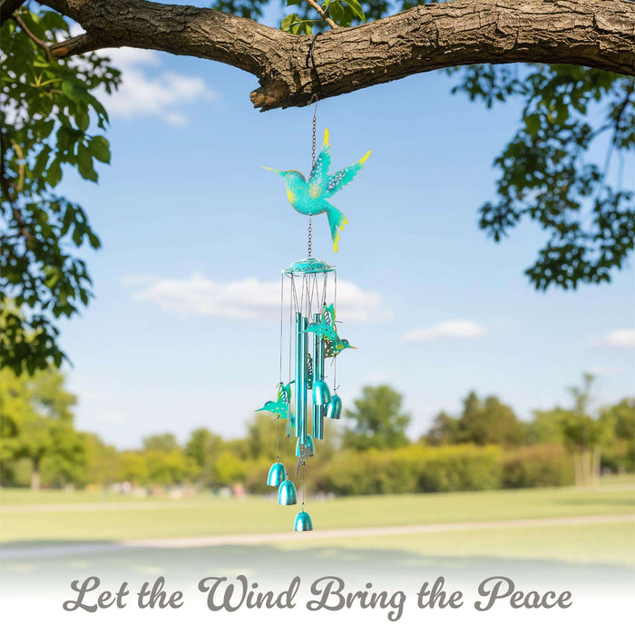 G128 Blue Hummingbird Wind Chimes for Outside | 32" Metal Outdoor Windchime for Garden, Patio, Porch