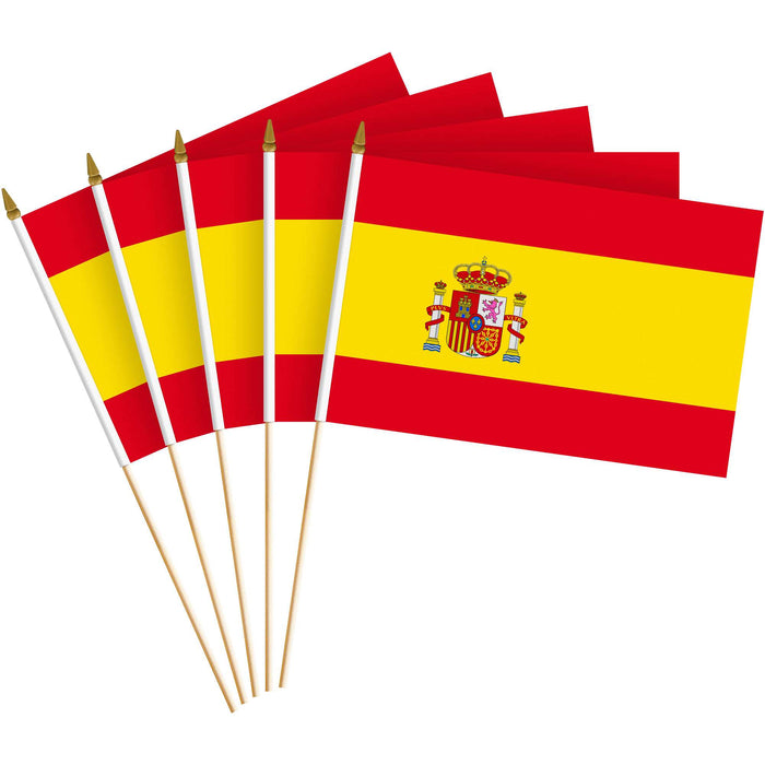 G128 10 Pack Handheld Spain Spanish Stick Flags | 8x12 In | Printed 150D Polyester, Country Flag, Solid Plastic Stick, Spear White Tip
