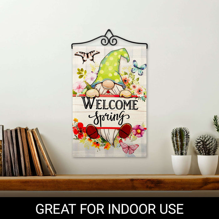 G128 Combo Pack Garden Flag Hanger 14IN & Garden Flag Welcome Spring Gnome Flowers Printed 12x18IN Double Sided