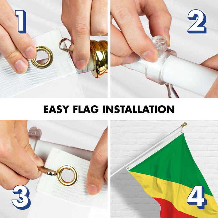 G128 Combo Pack: 6 Ft Twist Free Aluminum Spinning Flagpole (White) & Republic of the Congo Flag | 3x5 Ft | LiteWeave Pro Series Printed 150D Polyester | Pole with Flag Included