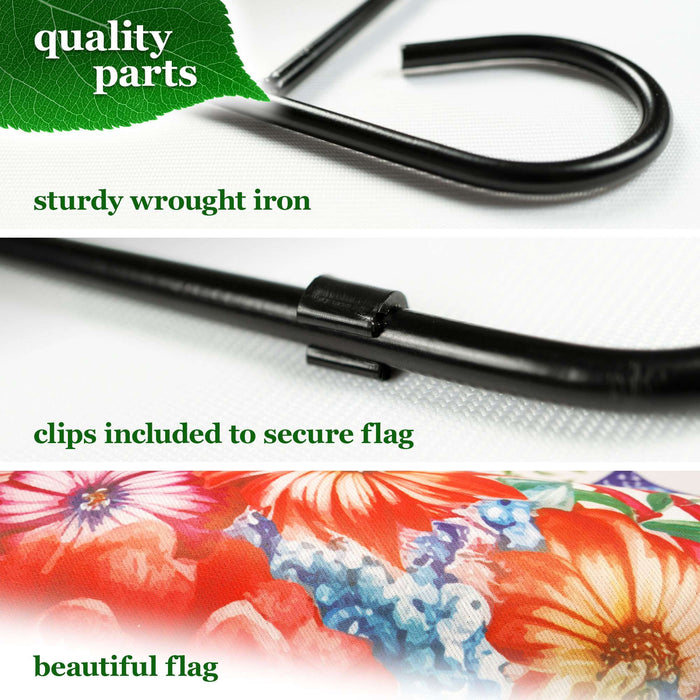 G128 Combo Pack Garden Flag Stand Black 36x16IN & Garden Flag Welcome  Flowers Printed 12x18IN Double Sided Yard Garden Lawn Decoration