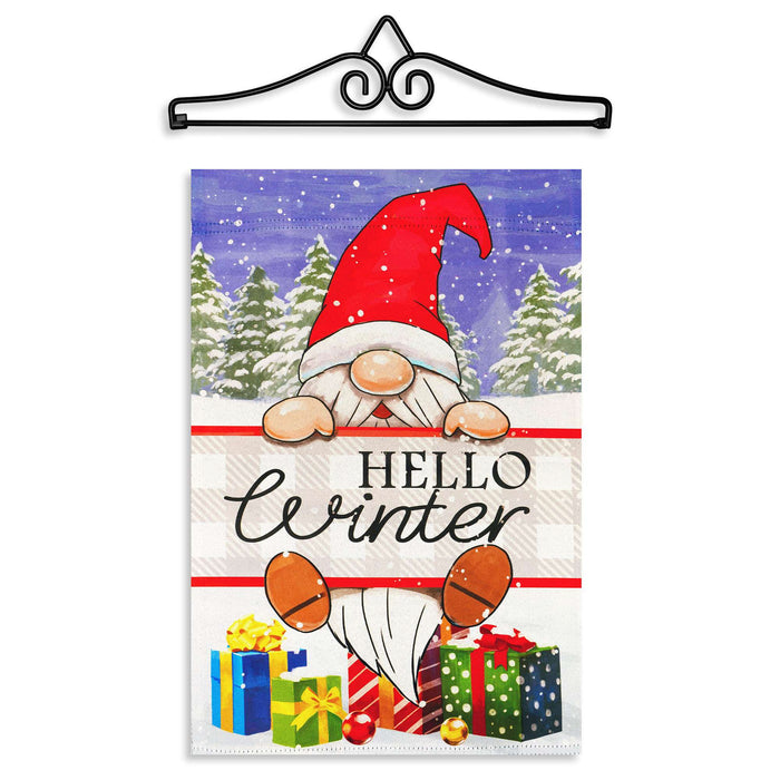 G128 Combo Pack Garden Flag Hanger 14IN & Garden Flag Hello Winter Gnome Gifts Printed 12x18IN Double Sided