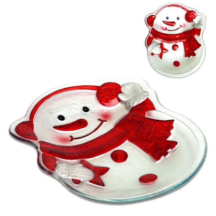 G128 snowman glass Christmas serving platter, 10 inch holiday plate
