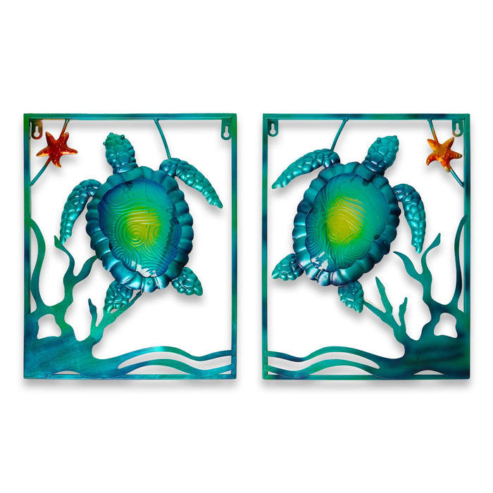 G128 Sea Turtle Metal Wall Art Set | Ocean Beach Themed Framed Home Wall Decor with LED Lights | Battery NOT Included