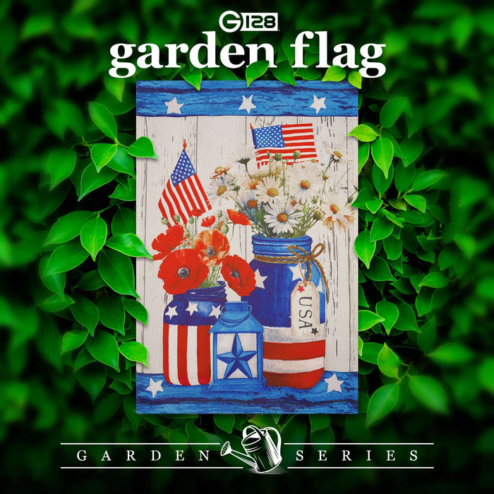 G128 Rustic Mason Jar Patriotic Flowers Garden Flag 12x18 In Double Sided Independence Day Yard Garden Lawn Decoration