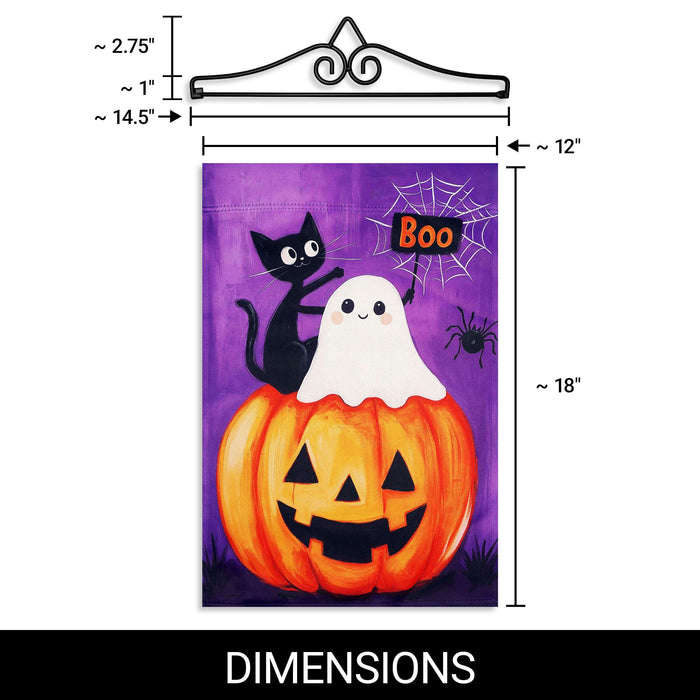 G128 12x18IN Halloween Ghost Cat Pumpkin Garden Flag with 14IN Hanger